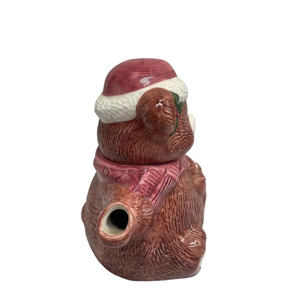 Christmas Brown Bear Teapot Candy Cane Handle RARE Ceramic