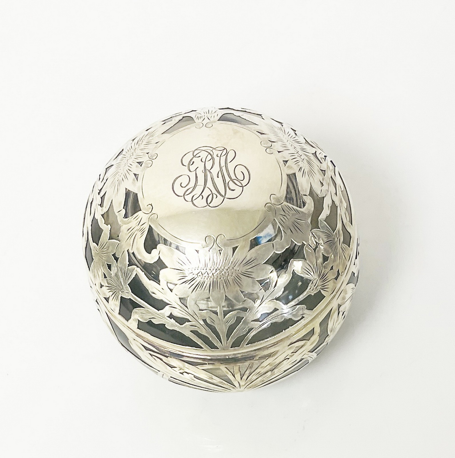 Antique Sterling Silver Overlay Art Nouveau Floral Ball Inkwell Monogram 3.5"
