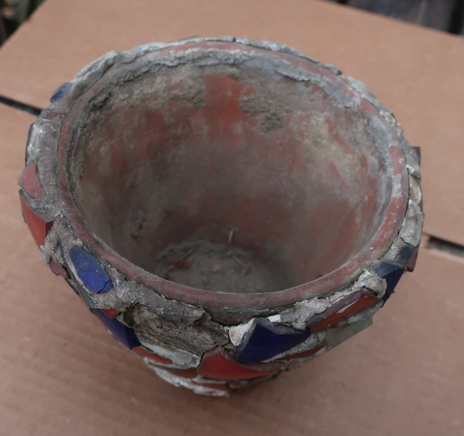 Old Antique Memory Jug Mosaic Glass Pieces over Flower Pot Crock Folk Art