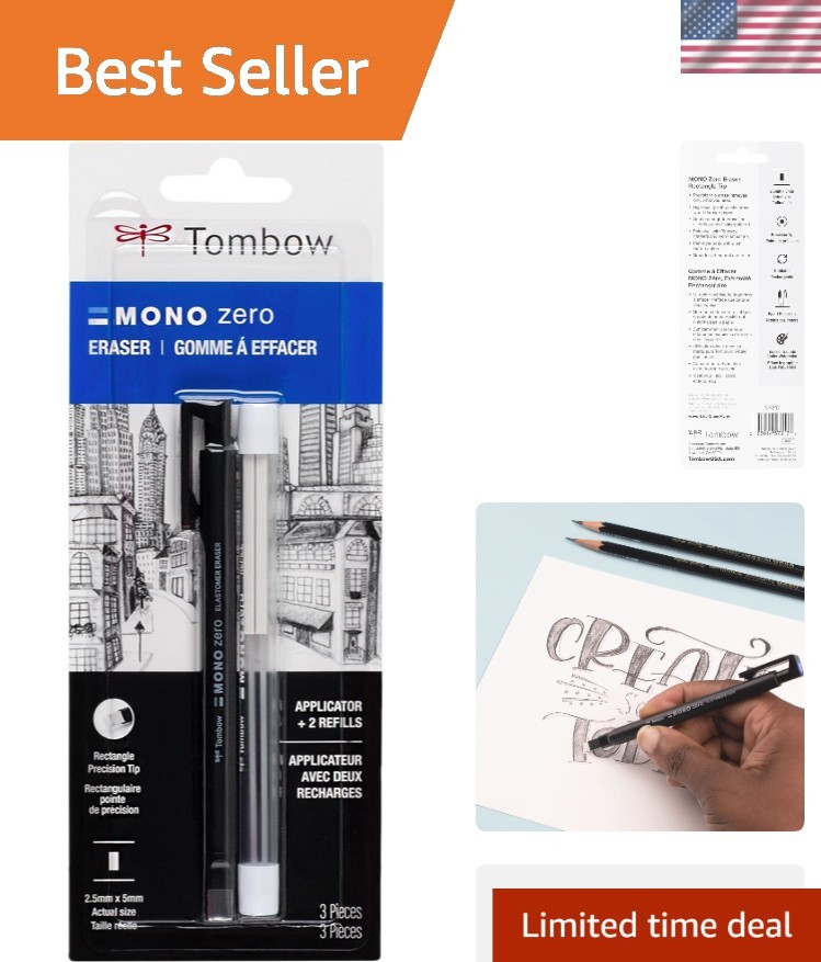 Mono Zero Rectangle Eraser Pack: Precision Tip & 2 Refills for Clean Corrections
