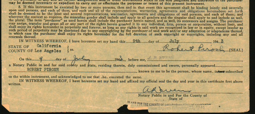 UP IN ARMS / Robert Pirosh 1943 signed contract, World War II Master Sergeant