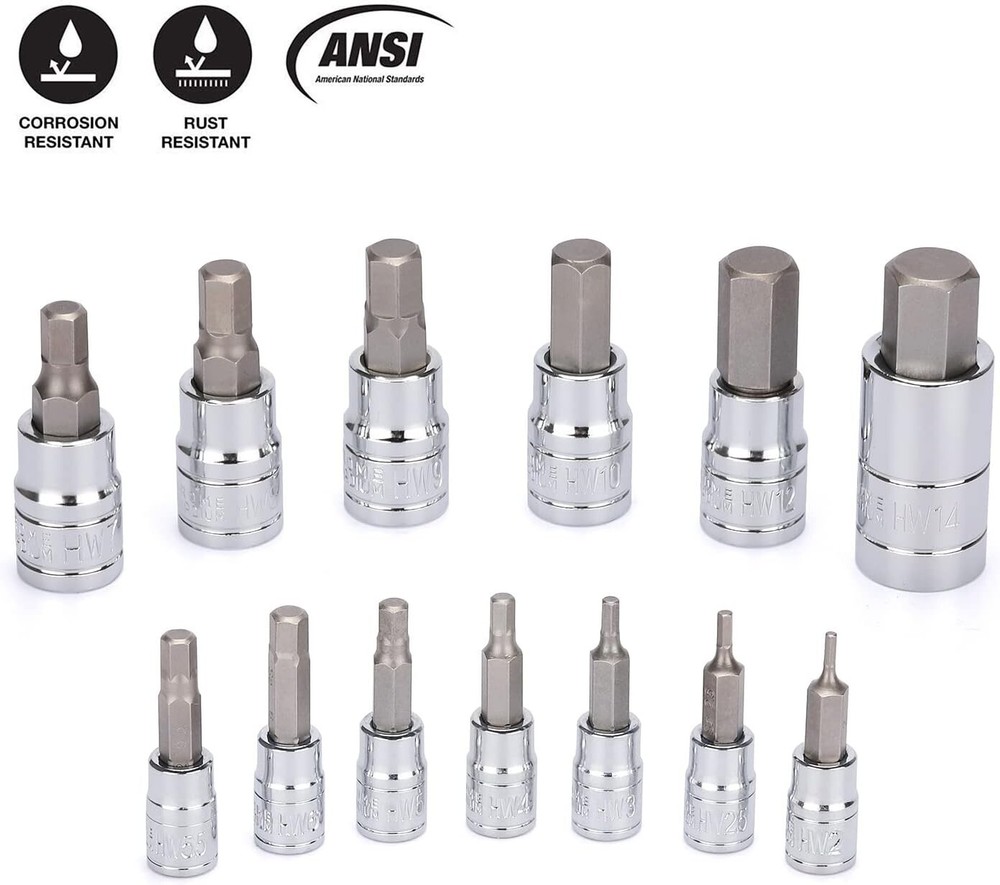 13Pcs Hex Bit Socket Set S2 Steel Bit Socket Tool Kit Metric 2mm-14mm Allen Bit