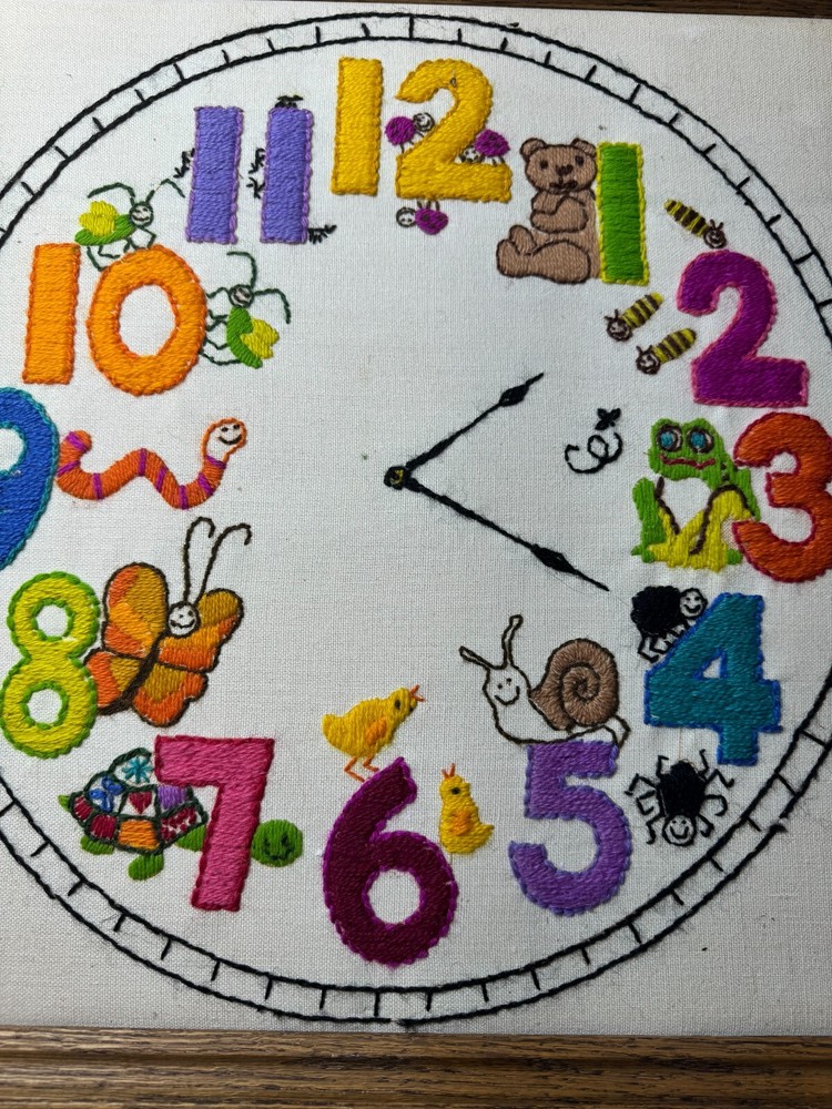 Vintage Needlepoint "A Toy-Themed Wall Clock Scene" - Framed