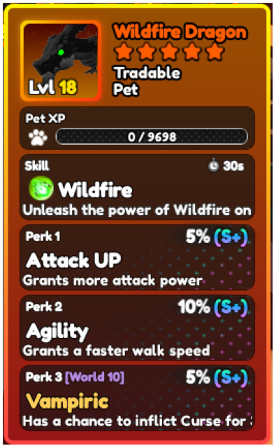 World Zero WZ - PET with PERFECT PERKS - WILDFIRE DRAGON
