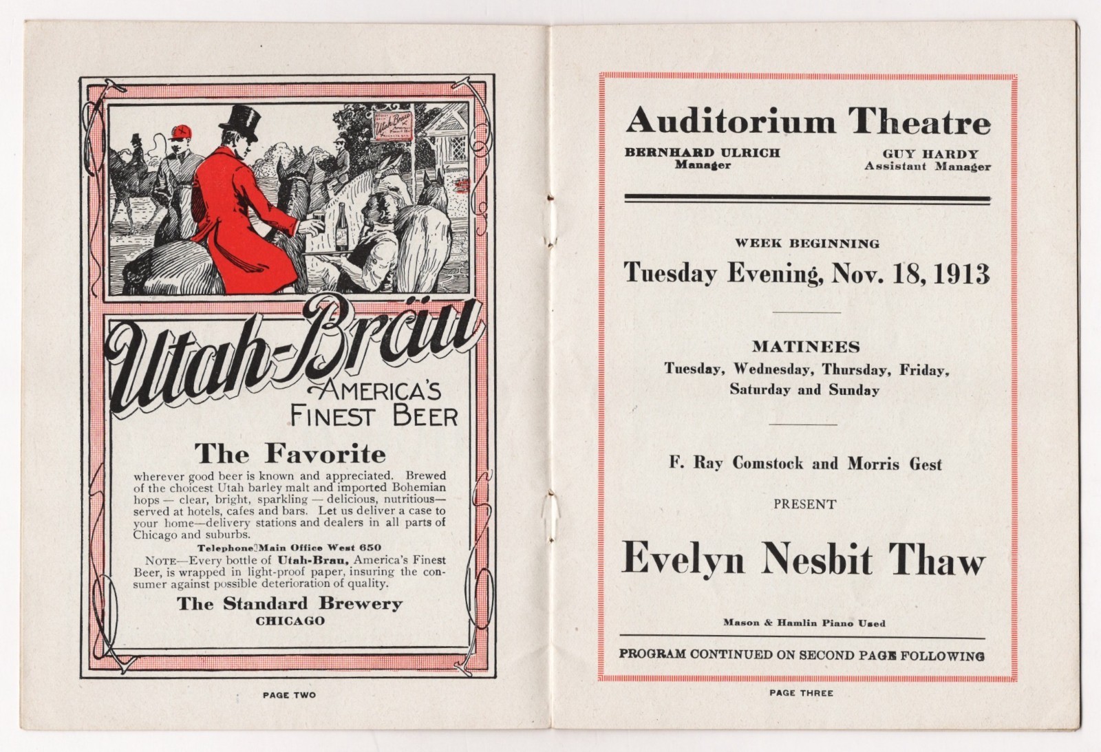 Artists' Model and Actress EVELYN NESBIT THAW ("Ragtime") 1913 Chicago Program