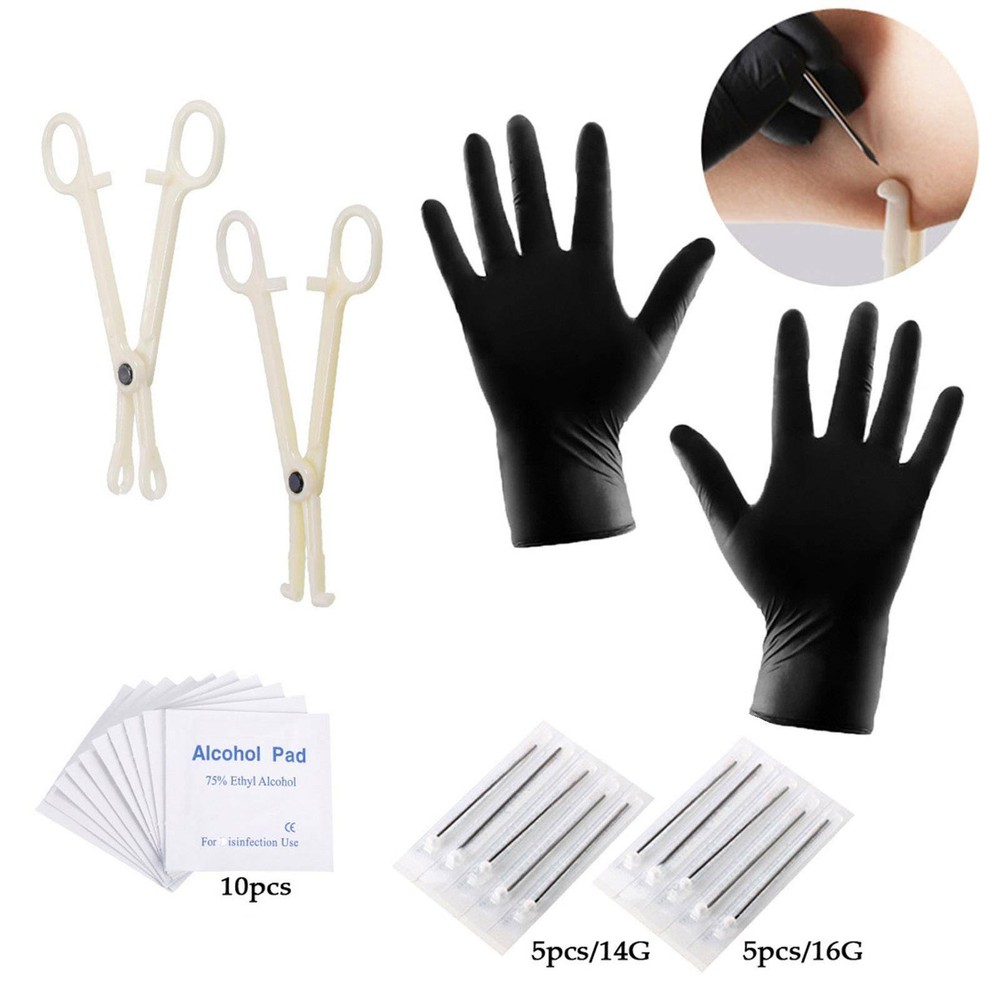 Lots Body Piercing Tool Kit Include Ear Lip Nose Belly Ring Forceps Clamp Needle