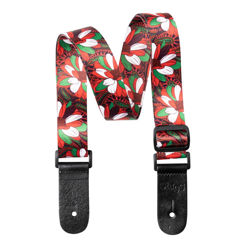 Stagg STE UKEFLOW RED Terylene Uke Ukulele Strap w/ Red & Green Flower Pattern
