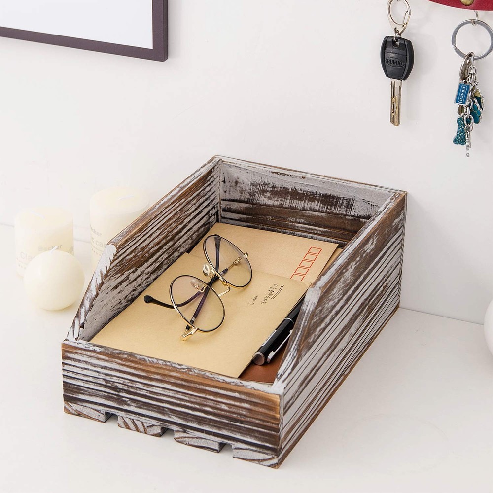 Torched Wood Paper Nesting Tray Stackable Document Storage Crate File Organiz...
