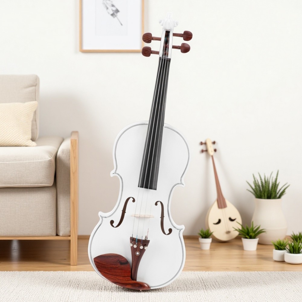 4/4 Solid Spruce Top Acoustic Beginner Violin Set - Tuner, White, Shoulder Rest