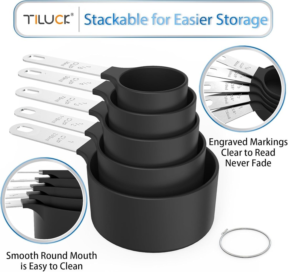 Stackable Measuring Cups and Spoons Set, Nesting Kitchen Baking Tools Black