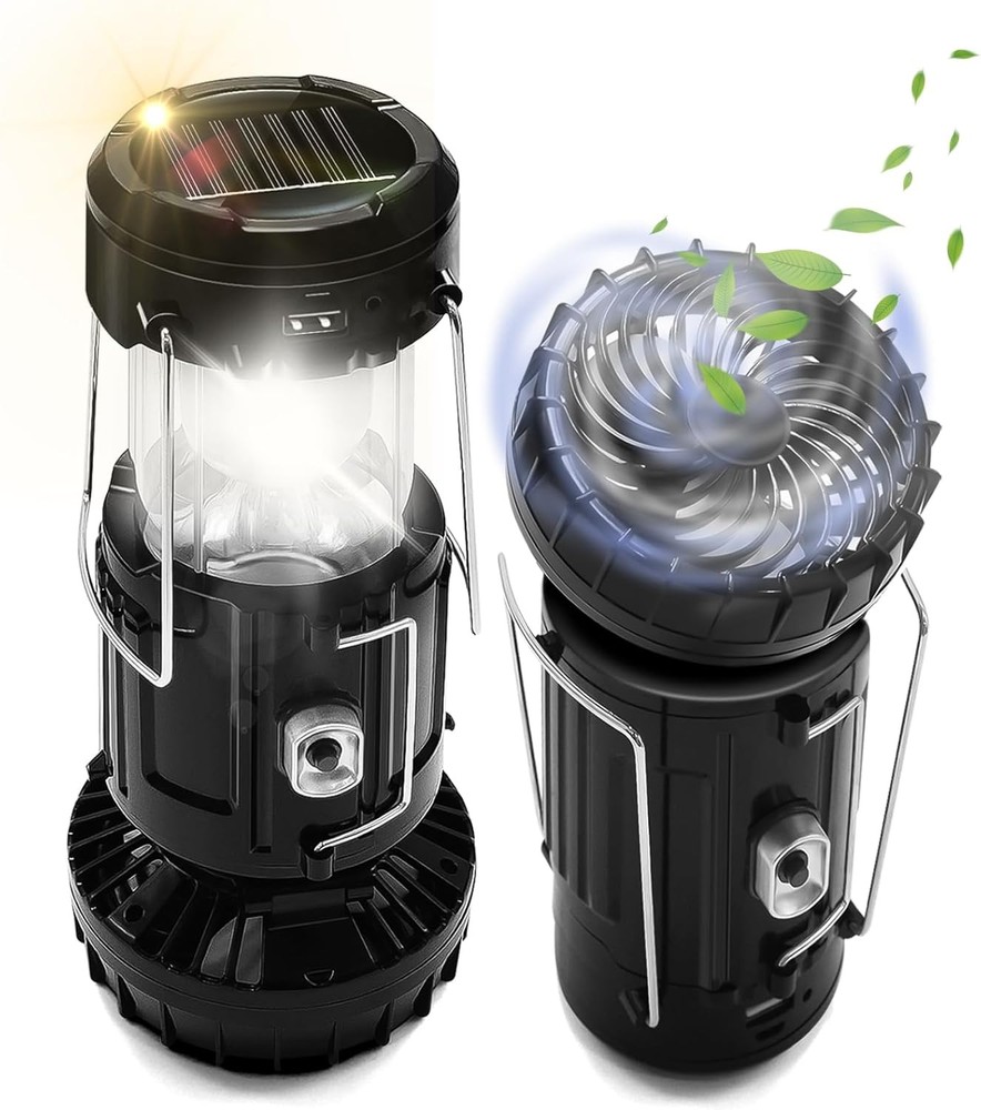 Solar Cping Fan w/ Lantern,  Collapsible Solar Powered USB