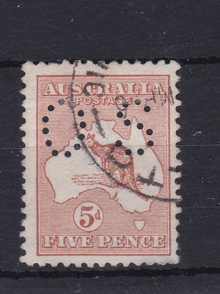 K4451) Australia 1913 5d Chestnut Kangaroo first watermark punctured small ‘OS’