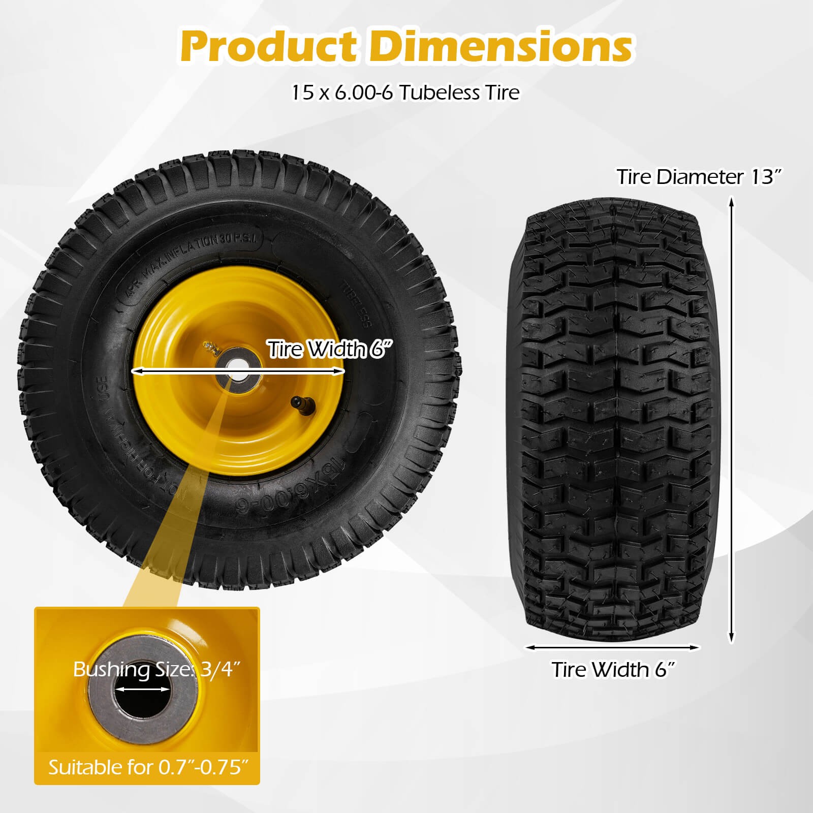 15x6.00-6Tubeless Tires&Wheels(2 Pack),4 PR/Ply Pneumatic Tires w/3"Centered Hub