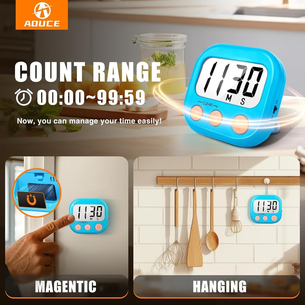 2 Pack Digital Kitchen Timers Loud Ring Magnetic Blue Set
