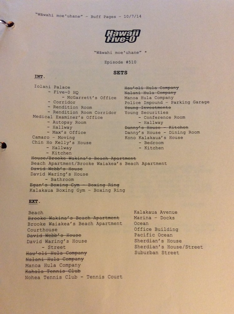 HAWAII FIVE-O ORIGINAL SCRIPT 510 NOTES SCHEDULE + 2014 WAWAHI MOE'UHANE