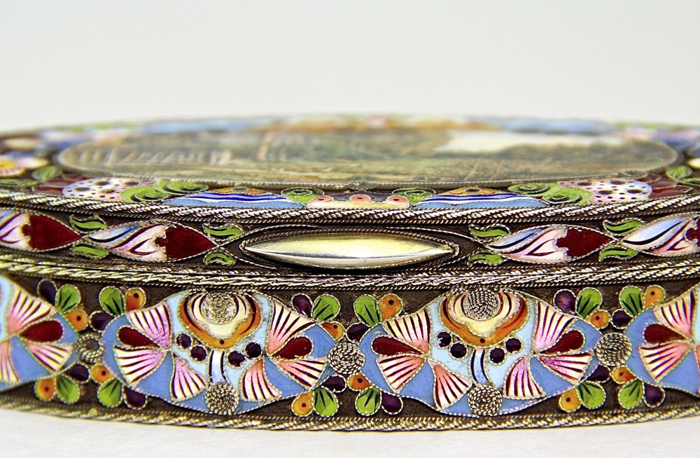 Russian 84 Silver Cloisonne Enamel Snuff or Pillbox