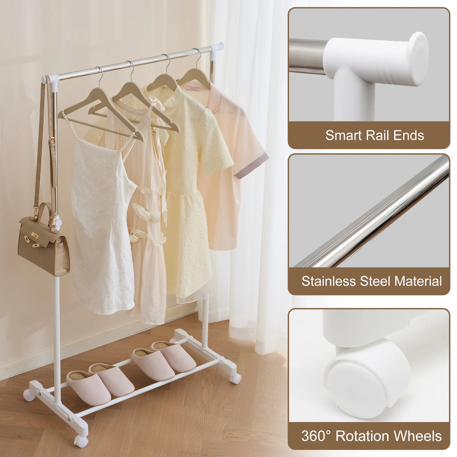 Clothing Rack with Wheels, Adjustable Height Rolling Garment Rack, Rolling Cloth