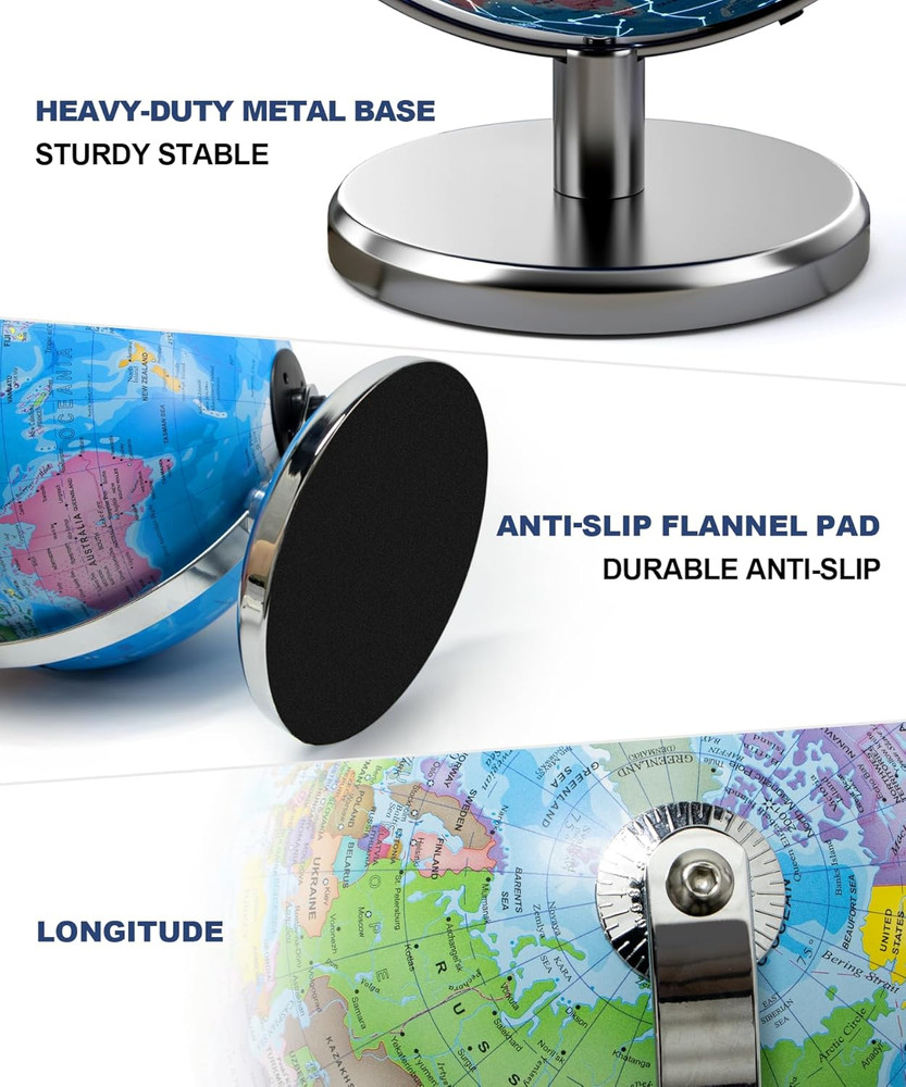 8'' Illuminated World Globe with Constellation Night Light, Educational Light Up