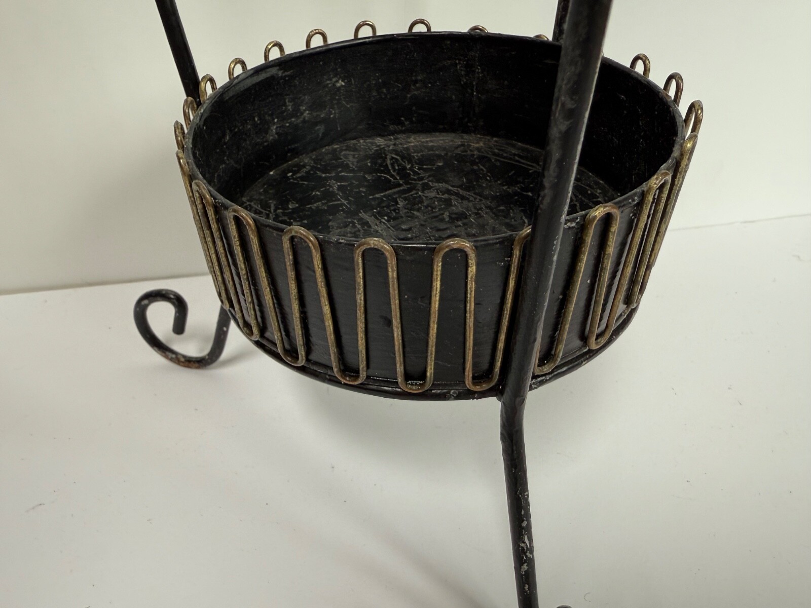 Vtg MCM Umbrella Stand cane walking-stick Holder Black Metal Gold-tone Trim 29"h