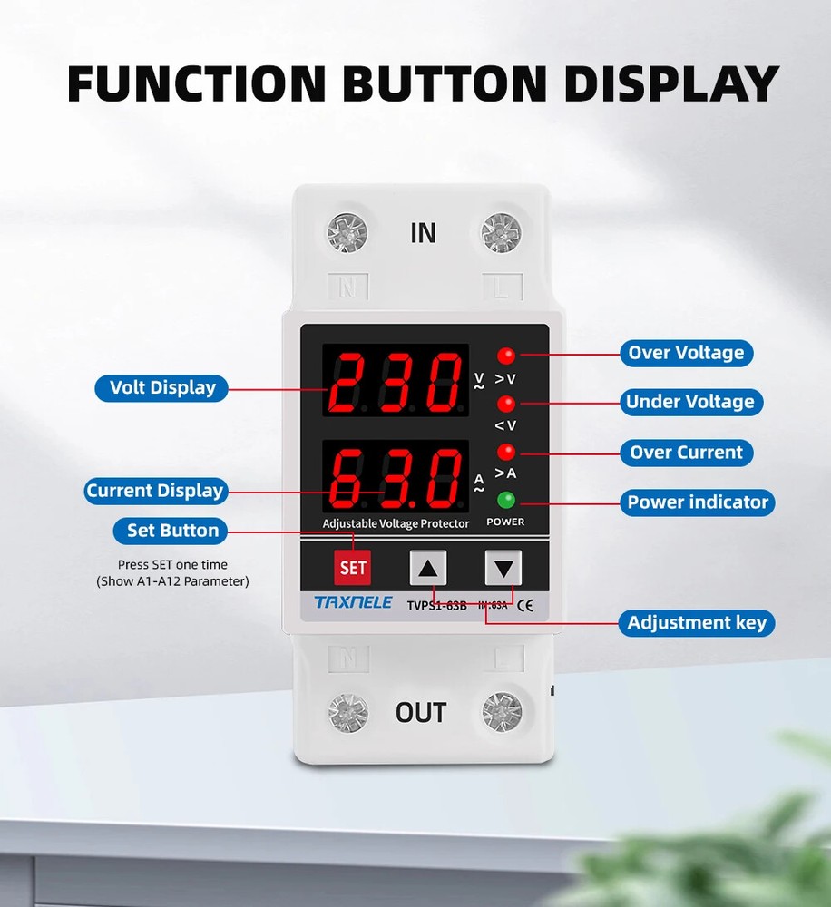 220V 63A Adjustable Voltage Relay Over Under Voltage Protector Wattmeter Meter
