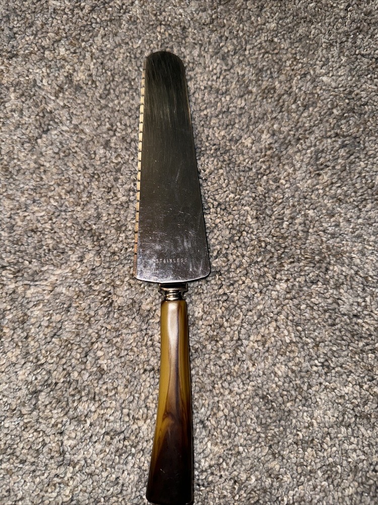 VTG 10" Metal Pie Cake Knife Server Brown Bakelite Marbled Handle Sharp