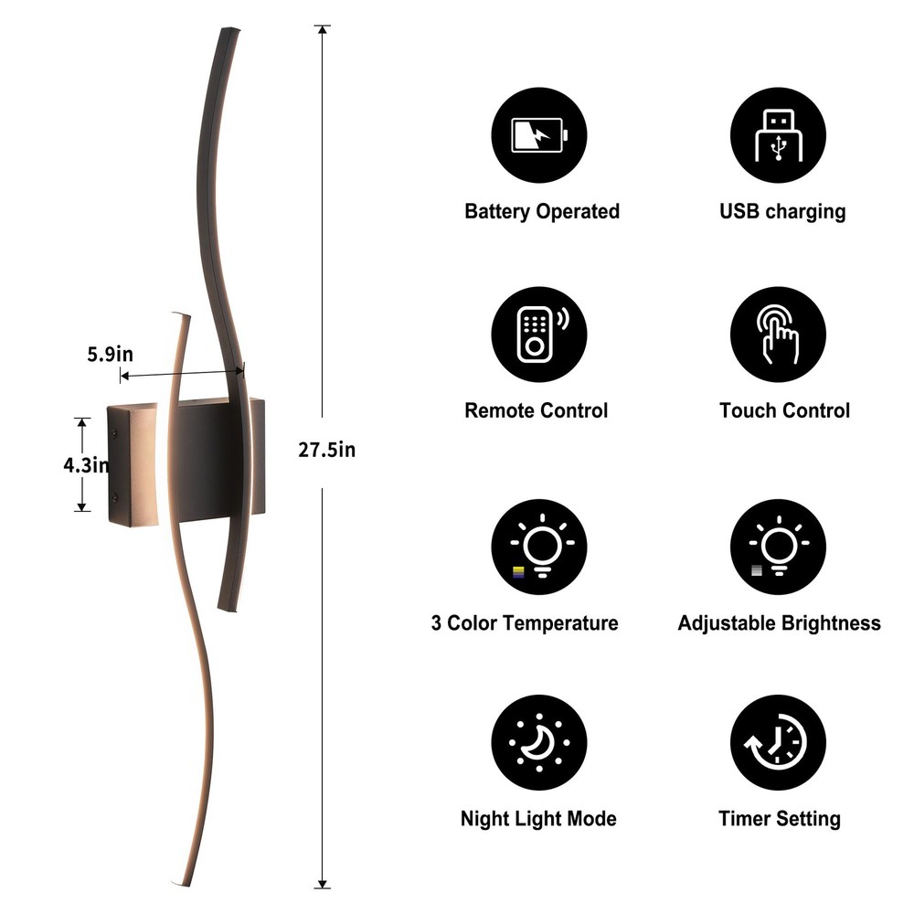 LED Wall Sconces 2 Pack Battery Operated Dimmable Remote Control Black Wireless