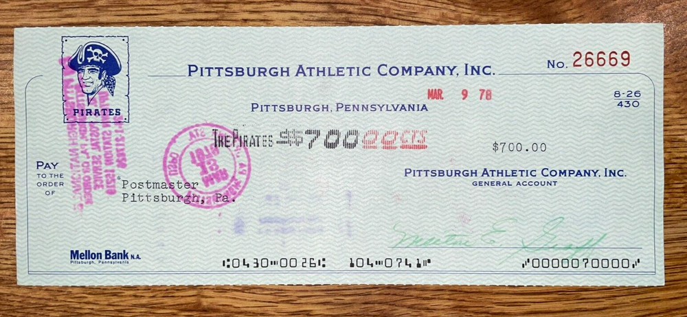 1978 Pittsburgh Pirates: Expense Check: Postmaster Pittsburgh