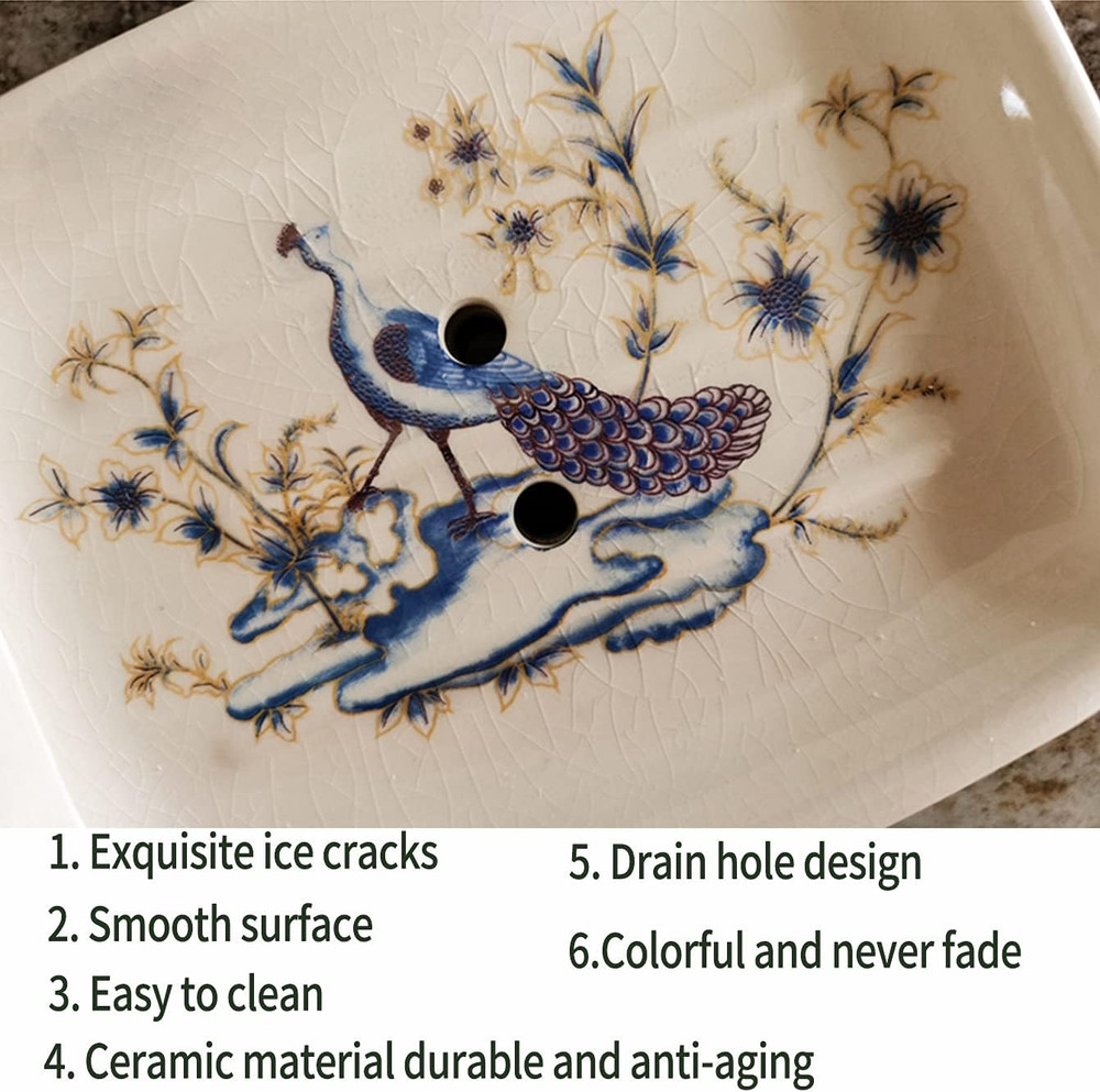 Ceramic Soap Dish Creative Ice Crack Ceramic Peacock and Flower Pattern Soap Dis