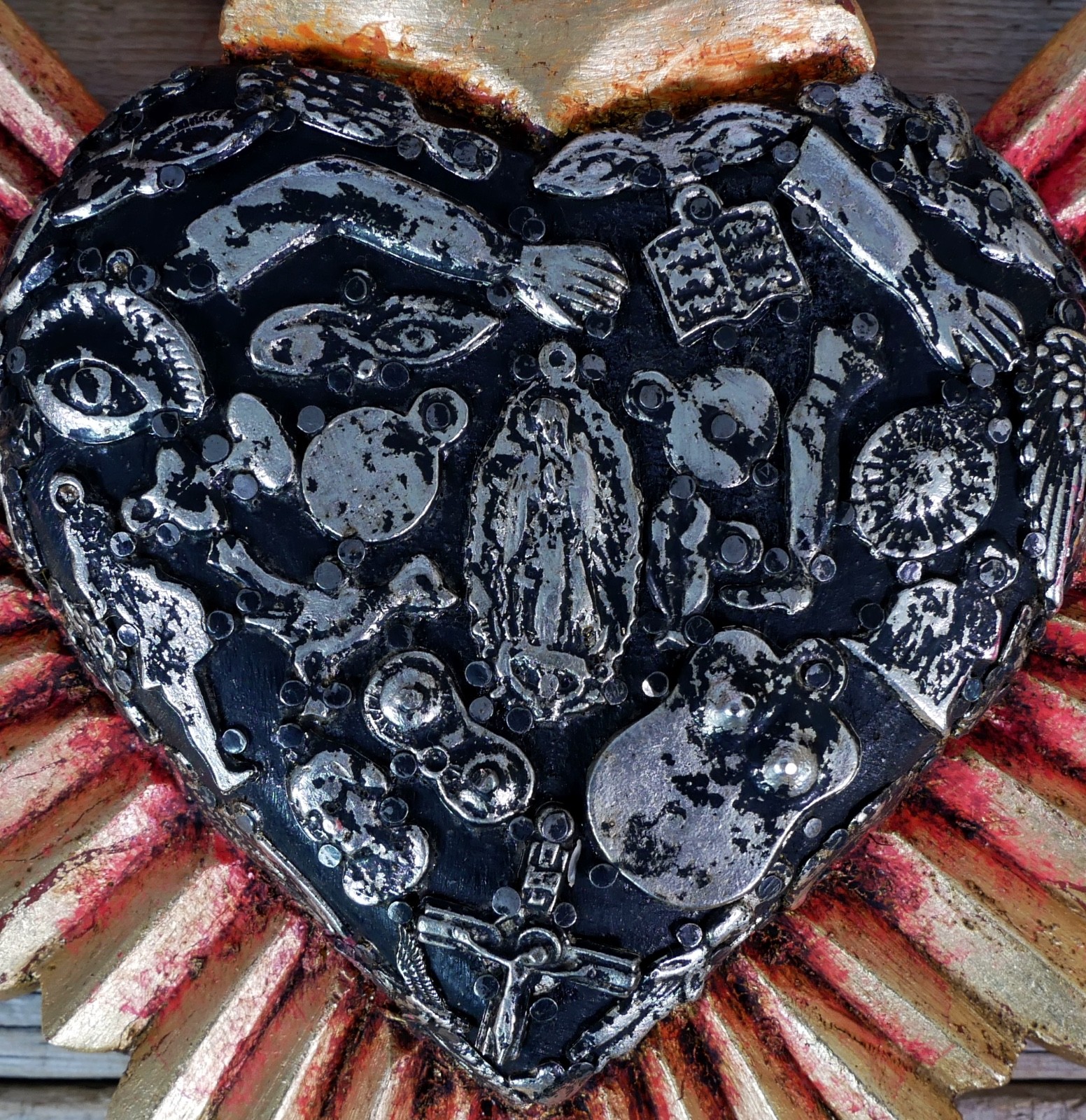 Heart Gold Starburst Milagros Guadalupe Wood Handmade Michoacan Mexican Folk Art