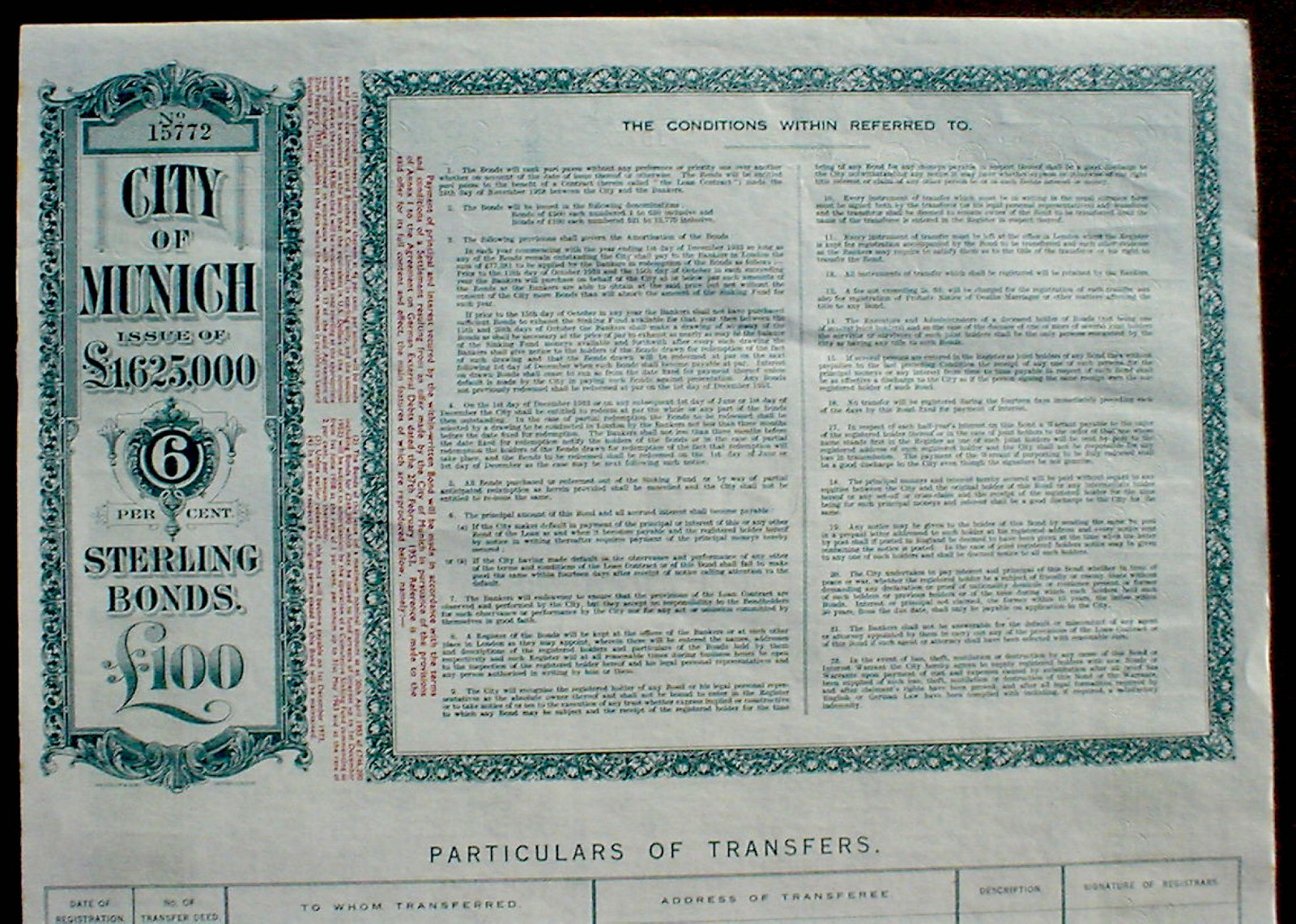 6% City of Munich 100 £ Bond to Bearer 1953 uncancelled print by Waterlow & Sons