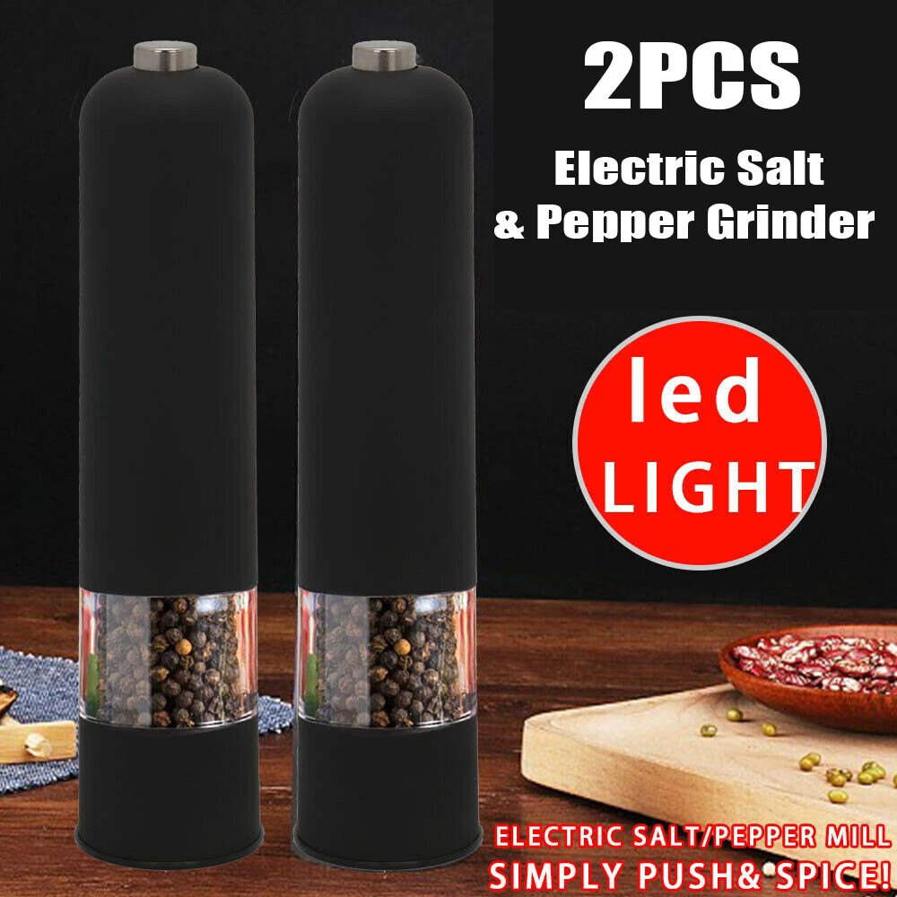 2X Electric Salt Pepper Grinders Mill Set Stainless Plastic Automatic Adjustable