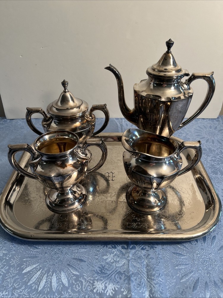 Antique Silver Plate Tea Set / Service By Wallace Bros Silver Co, Monogrammed