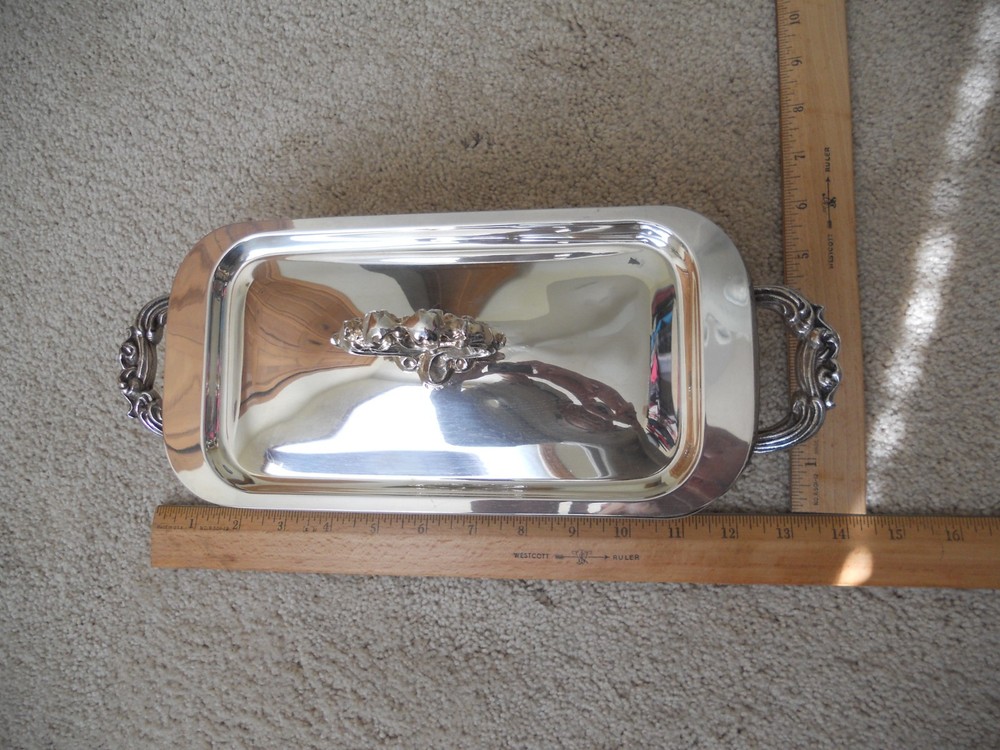 Silverplate Rectangular Platter Tray with Lid and 1.5 Qt Pyrex Glass Insert