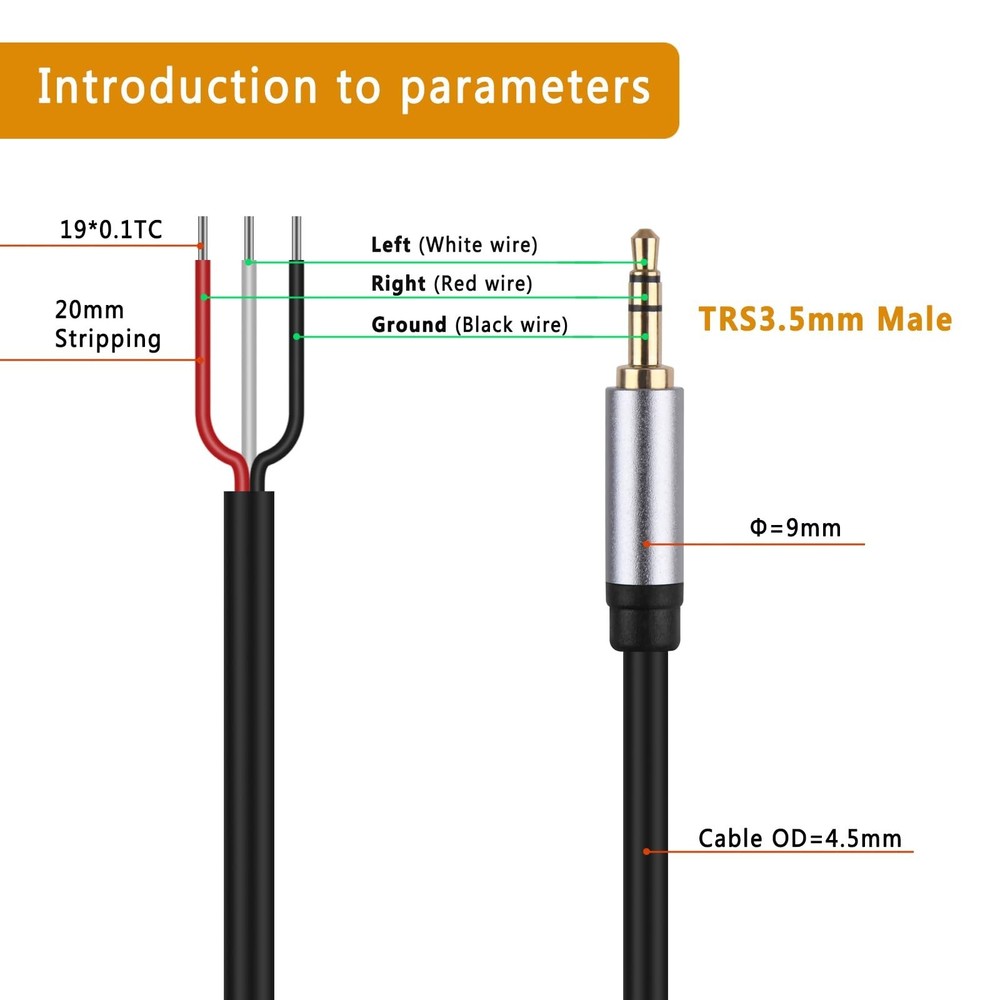 (2 Pack) 1ft Replacement 3.5mm Male Plug to Bare Wire Open End TRS 3 Pole Ste...