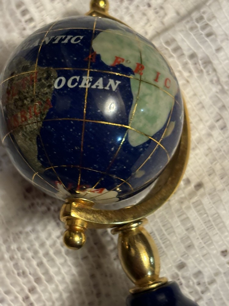 Desktop Rotating Blue Lapis Small World Globe Brass Blue Base 4” Tall