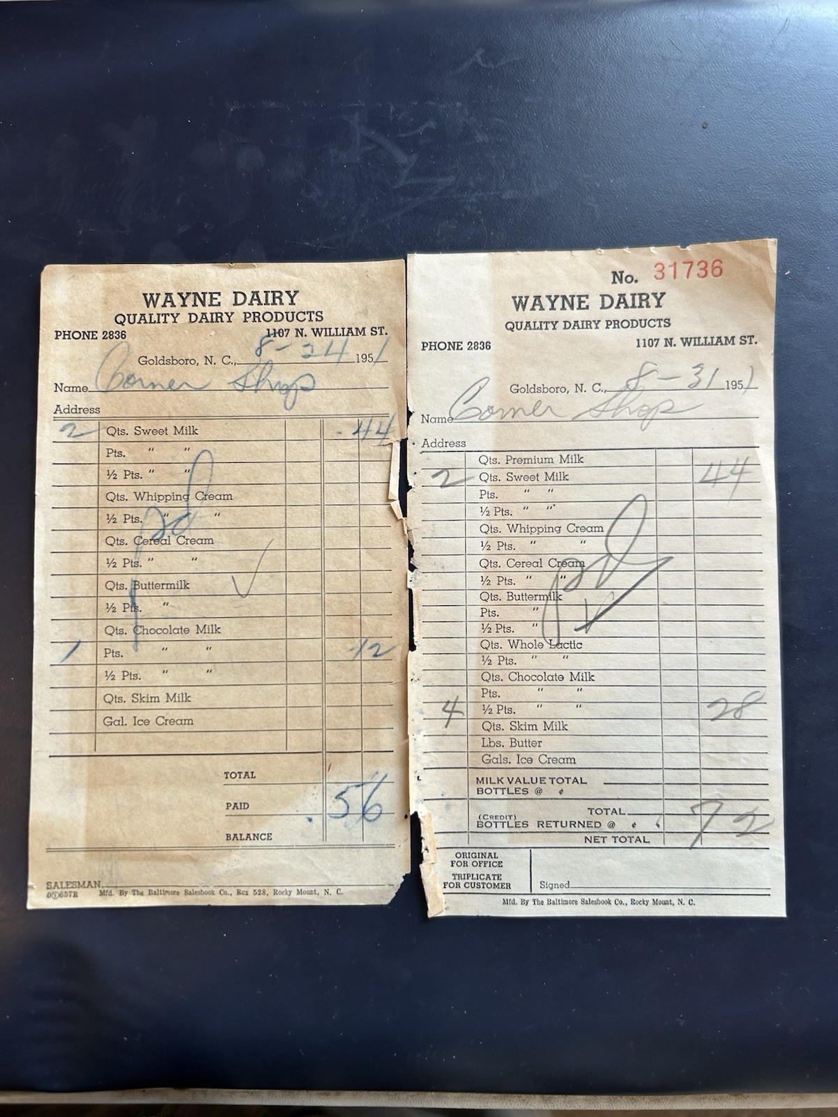 (2) Vintage Wayne Dairy Receipts Goldsboro, North Carolina 1951