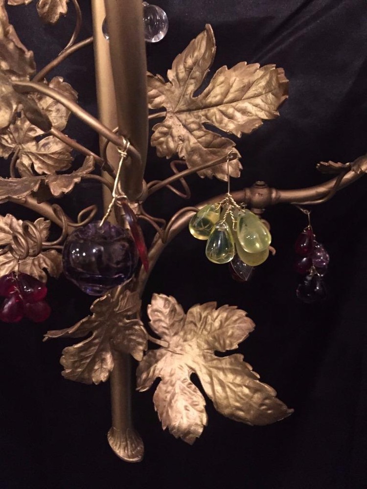 FRENCH ANTIQUE SOLID BRASS GRAPE LEAVE SCONCE WITH MULTI COLOR FRUIT CRYSTALS