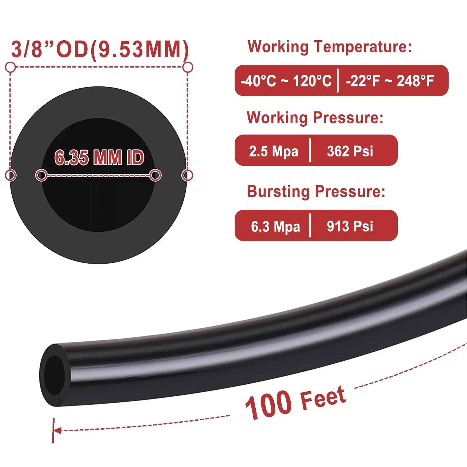 Nylon Air Line Kit 3/8'' OD 100ft Hose 1/4'' NPT Push to Connect Fittings 19Pcs