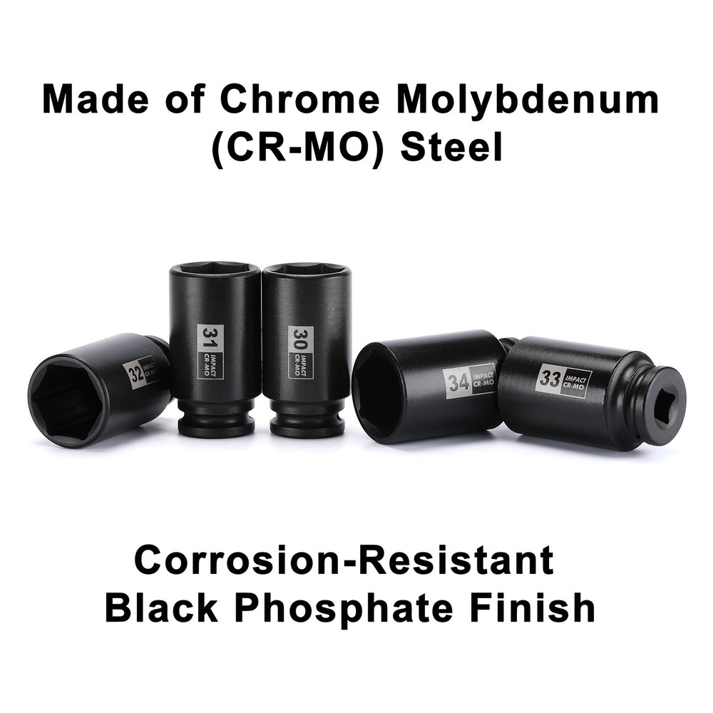 9PCS 1/2"Dr. Deep Spindle Axle Nut Impact Socket Set, CR-MO, Metric Large Socket