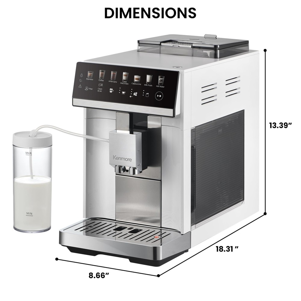 Kenmore Fully Automatic Coffee Maker - with Grinder, Milk Large, White