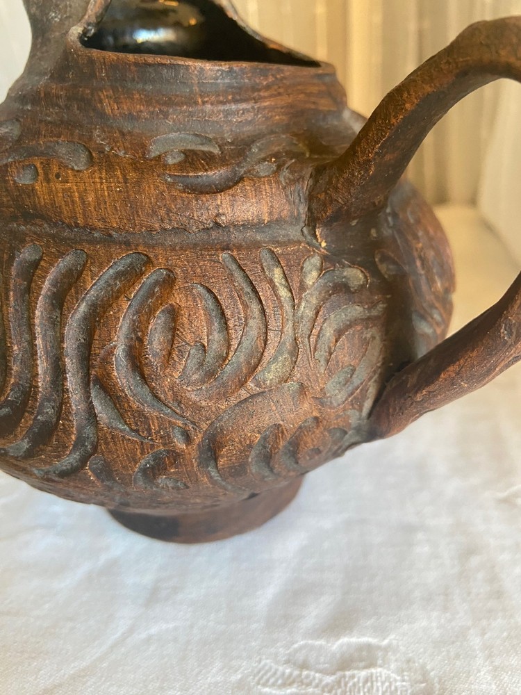 Clay Carved Small Pitcher from China Scrollwork Design 6 inches high
