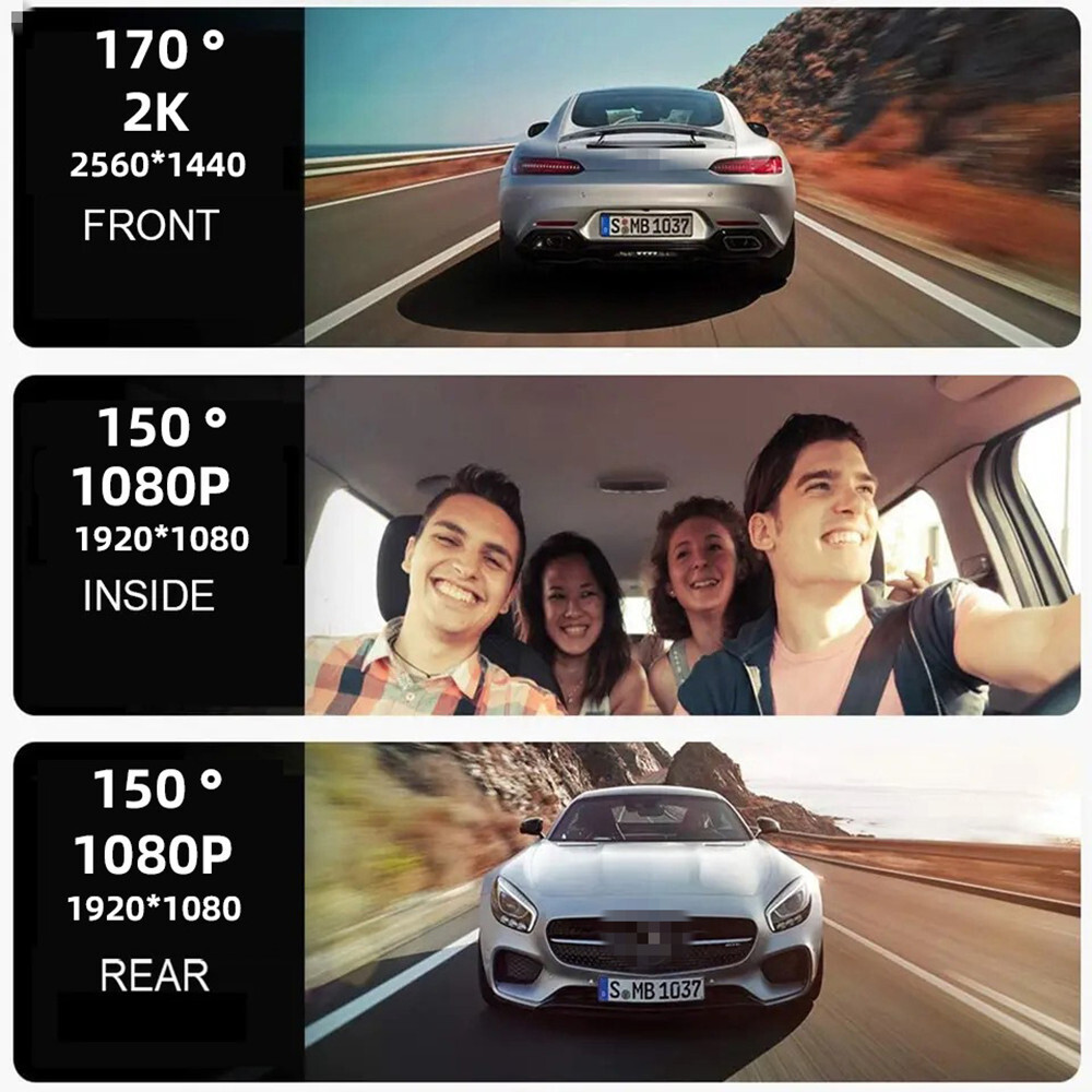 3 Lens Dash Cam Car DVR Recorder Touch Screen Front/Rear/Inside Camera G-Sensor