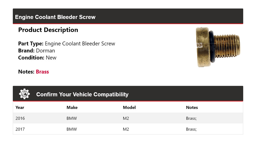 For 2016-2017 BMW M2 Dorman Engine Coolant Bleeder Screw