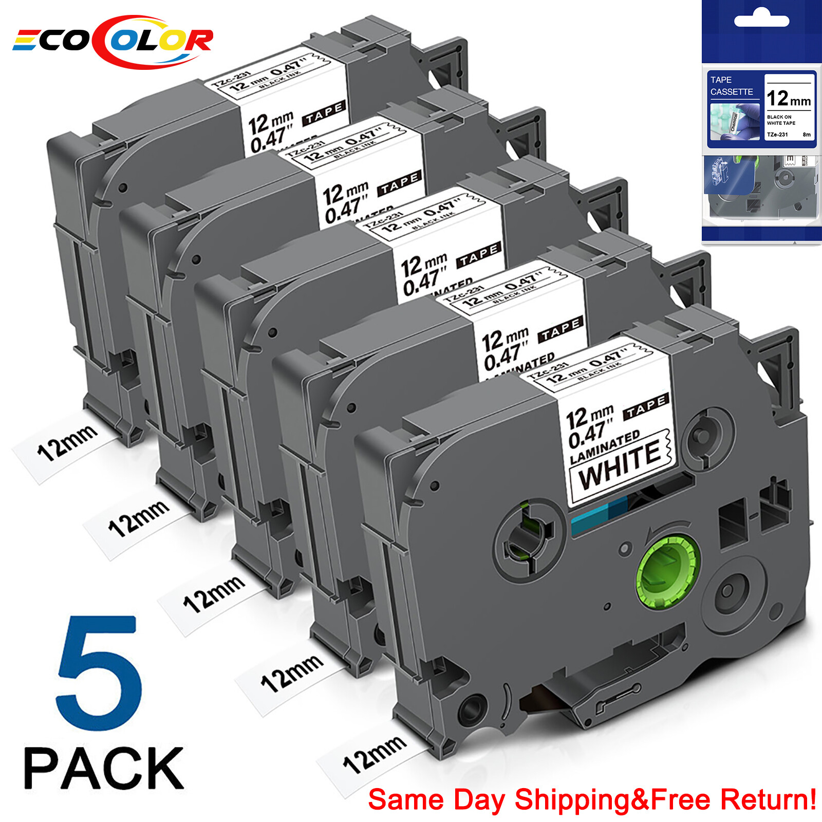 5 PK For Brother P-Touch TZe-231 TZ-231 12mm White Standard Laminated Tape