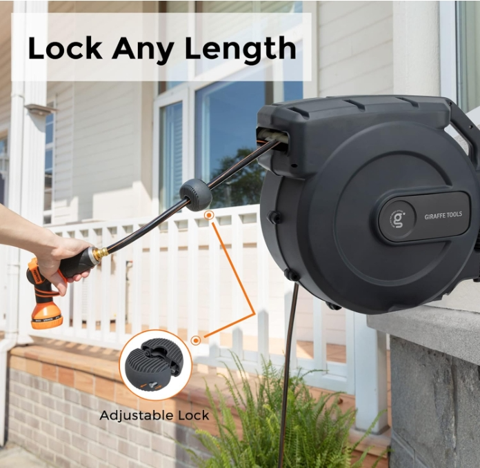 Giraffe Tools Retractable Garden Water Hose Reel, Wall Mounted