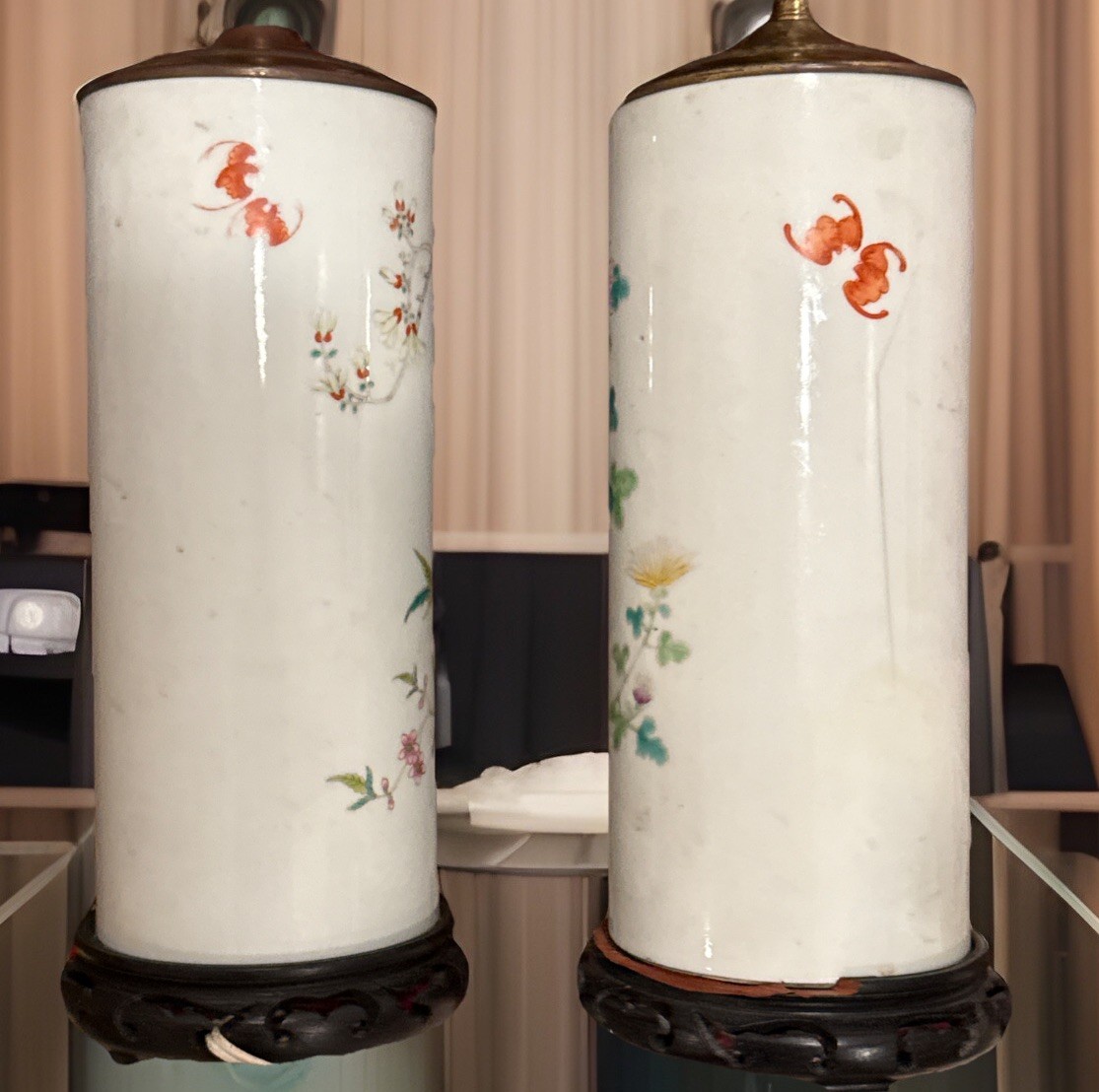 PAIR OF VINTAGE CHINESE HAT STAND LAMPS 17” (to top of socket)