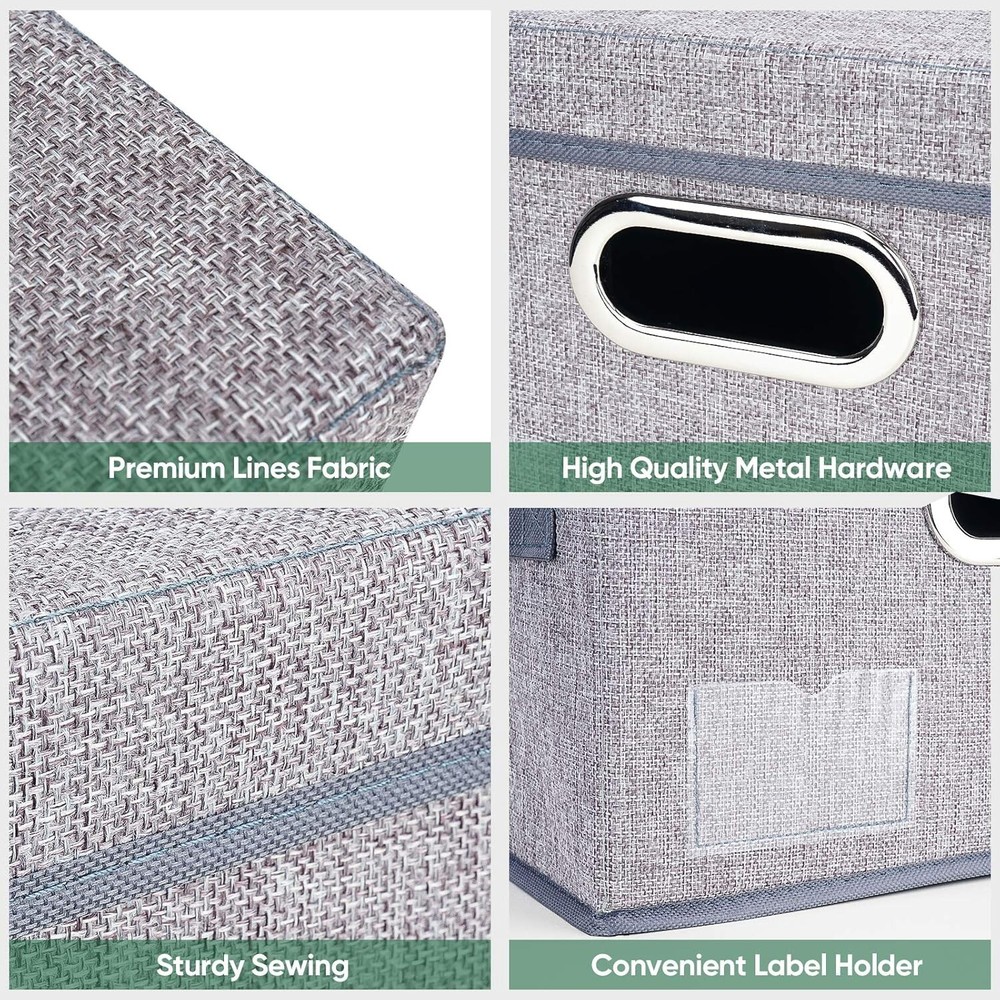 3 PACK Storage Bins with Lids, Foldable Linen Fabric Storage Boxes with Lids