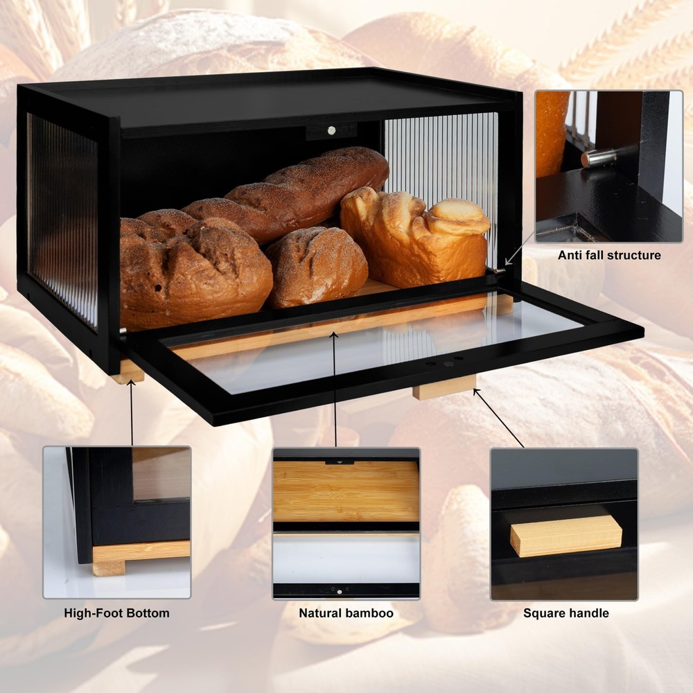 MinBoo Bread Box for Kitchen Counter, Large Bamboo Bread Storage Container wi...