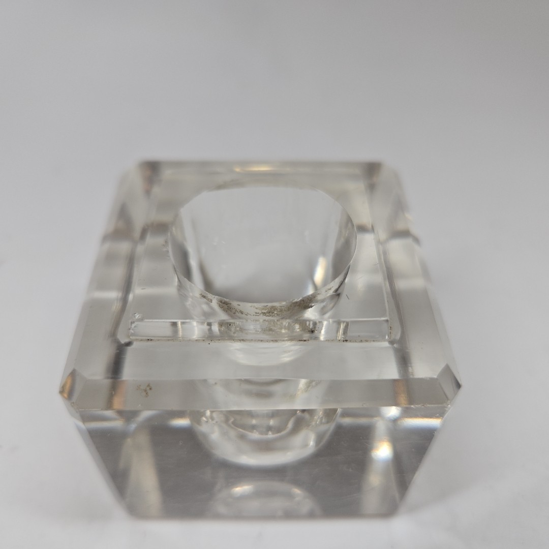 Vintage Clear Glass Inkwell Heavy Cube Shape Beveled Edging Solid