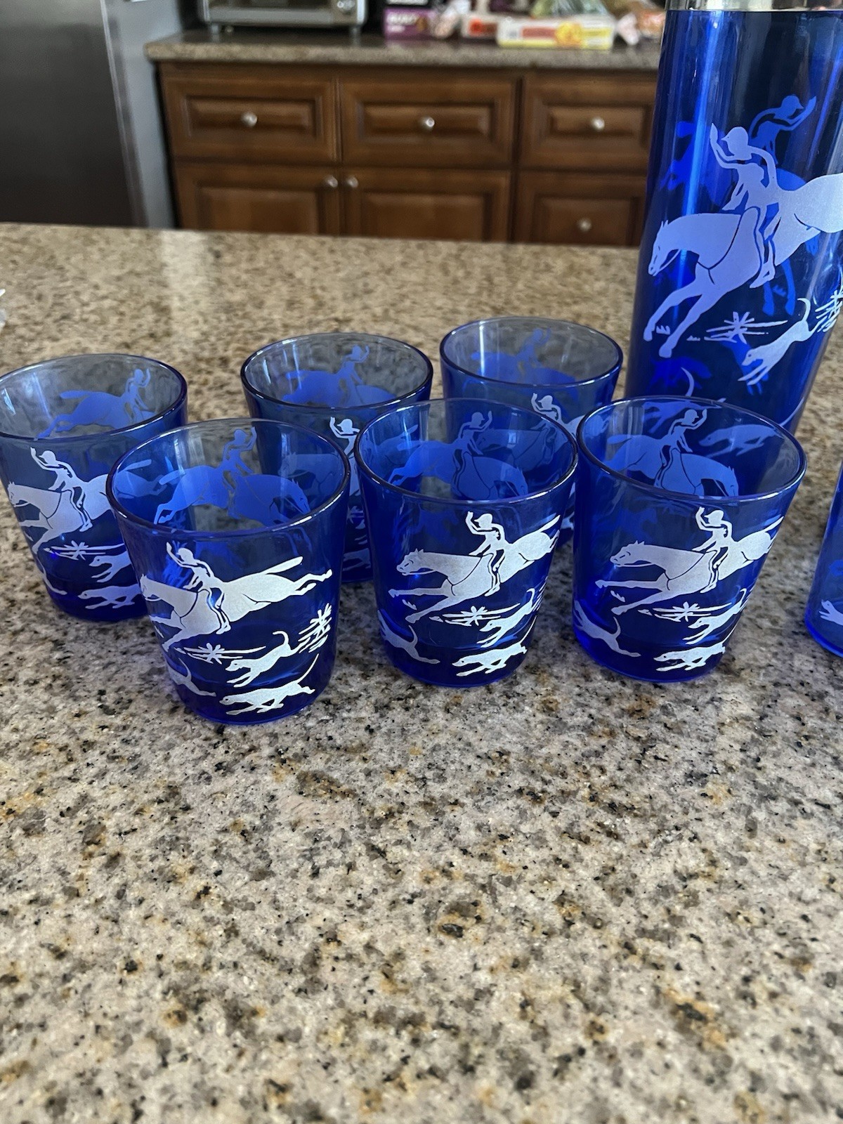 1930’s Cocktail Shaker Set Hazel Atlas Blue/White Fox Hunt Shaker & 12 Glasses